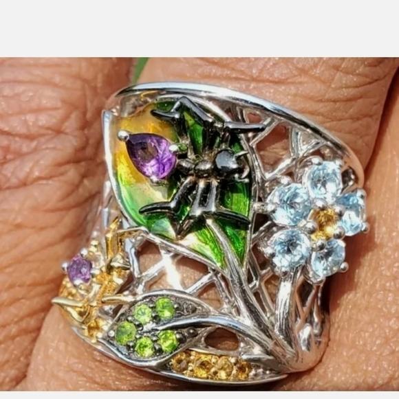 Amethyst, Citrine, Chrome Diopside, Topaz Nature Ring Plat over Sterling… - Picture 10 of 11